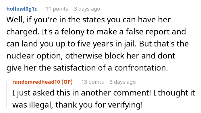 Reddit comment discussing legal consequences of false CPS reports, suggesting blocking the accuser. Reddit comment discussing legal consequences of false CPS reports, suggesting blocking the accuser.