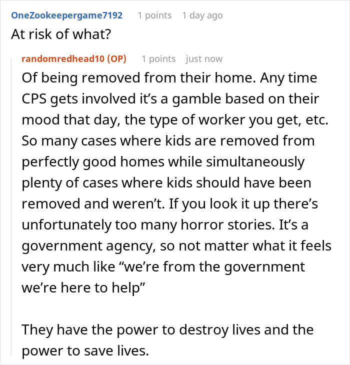 Reddit comments discussing CPS involvement and its impact on family situations. Reddit comments discussing CPS involvement and its impact on family situations.