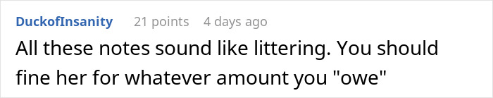 Reddit comment about roommate fining for house rules, suggesting to fine her back. Reddit comment about roommate fining for house rules, suggesting to fine her back.