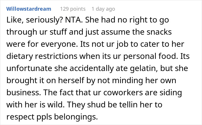 Comment discussing a situation involving vegetarian food theft and snack misunderstanding at the workplace. Comment discussing a situation involving vegetarian food theft and snack misunderstanding at the workplace.