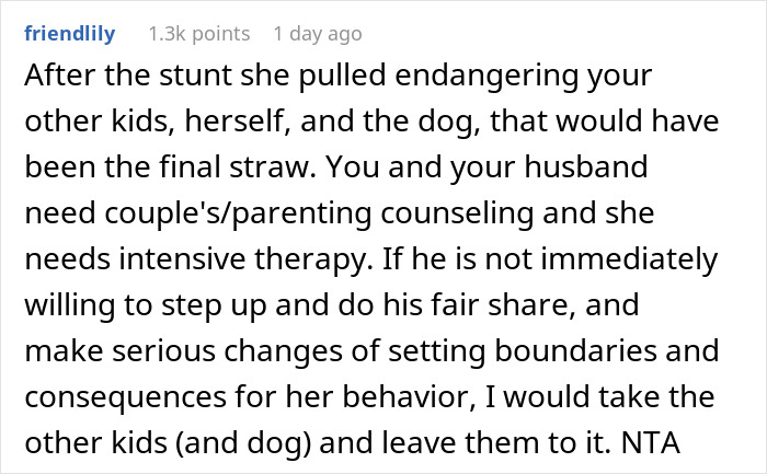 Comment discussing the husband's responsibility in parenting and therapy for the daughter after an incident. Comment discussing the husband's responsibility in parenting and therapy for the daughter after an incident.