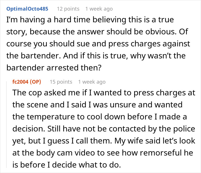 Reddit comment discussing incident with bartender over auto tip, mentioning police involvement. Reddit comment discussing incident with bartender over auto tip, mentioning police involvement.