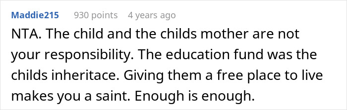 Reddit comment discussing a woman's refusal to replenish her husband's affair child's fund. Reddit comment discussing a woman's refusal to replenish her husband's affair child's fund.