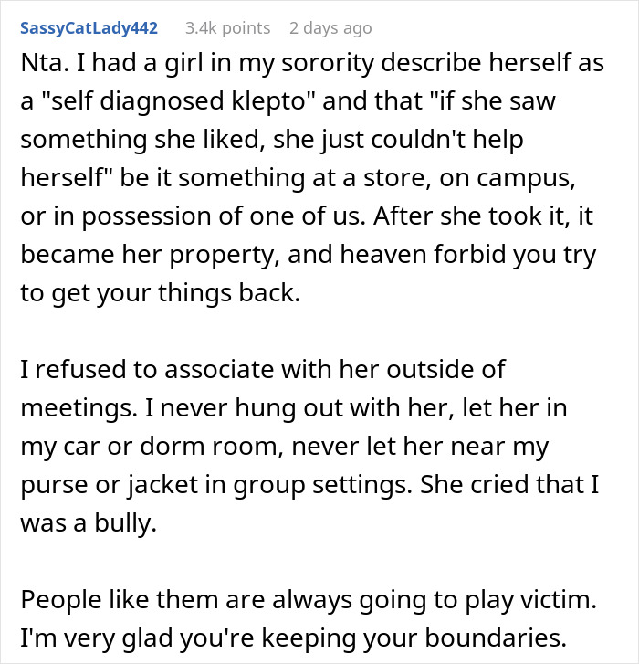 Image of a text post where a woman defends her decision to keep a kleptomaniac out of her home. Image of a text post where a woman defends her decision to keep a kleptomaniac out of her home.