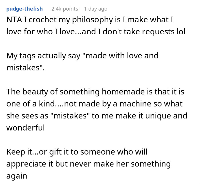 Text discussing handmade gift philosophy, emphasizing uniqueness and love, addressing demands for perfection in crafts. Text discussing handmade gift philosophy, emphasizing uniqueness and love, addressing demands for perfection in crafts.