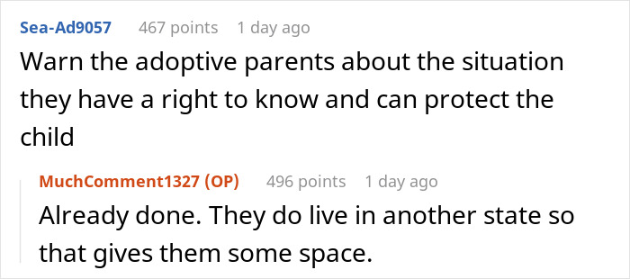 Online forum comments discuss adoptive parents' rights and notifying them about a situation. Online forum comments discuss adoptive parents' rights and notifying them about a situation.