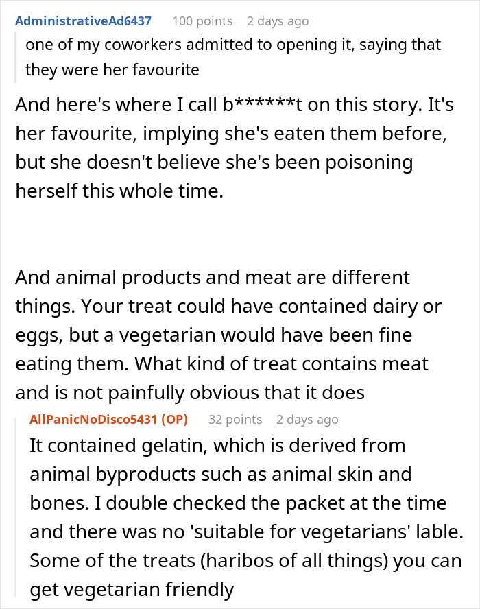 Text exchange about a vegetarian food thief blaming coworker for eating snacks containing gelatin. Text exchange about a vegetarian food thief blaming coworker for eating snacks containing gelatin.