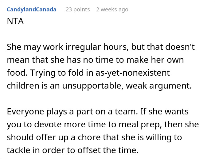 Reddit comment discussing vegetarian wife upset over husband's refusal to prepare meat-free meals. Reddit comment discussing vegetarian wife upset over husband's refusal to prepare meat-free meals.