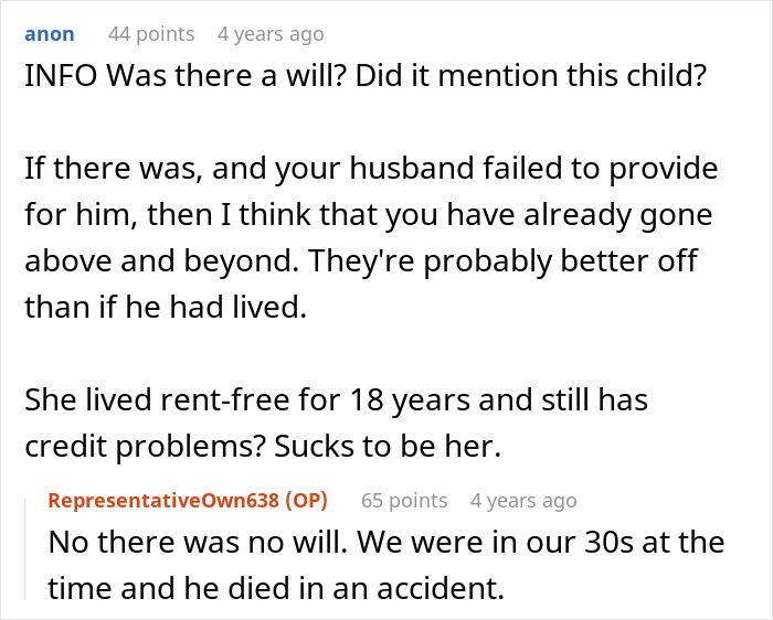 Reddit conversation about replenishing husband's affair child's fund, discussing will and financial responsibility. Reddit conversation about replenishing husband's affair child's fund, discussing will and financial responsibility.