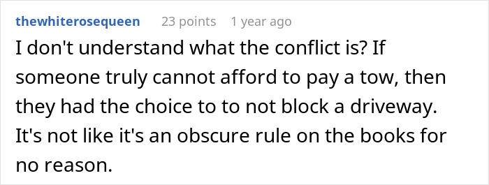 Image of a Reddit comment discussing car-blocked driveway issues and the consequences of towing. Image of a Reddit comment discussing car-blocked driveway issues and the consequences of towing.