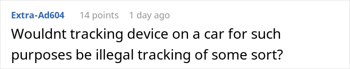 Text comment questioning the legality of using a tracking device on a car for illegal tracking. Text comment questioning the legality of using a tracking device on a car for illegal tracking.