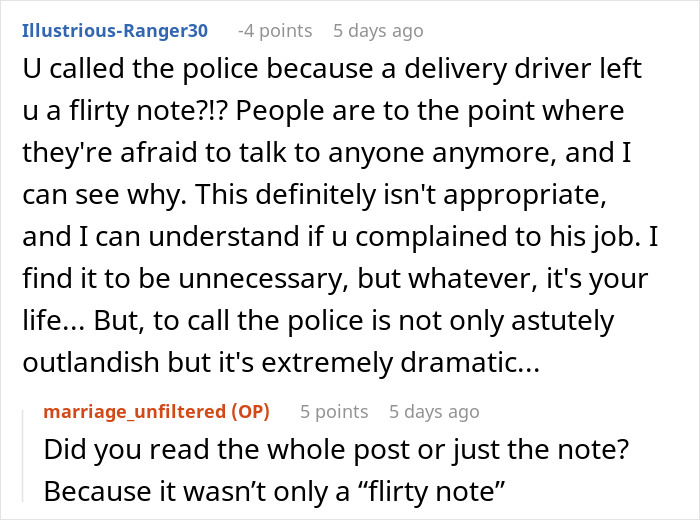 Reddit discussion about calling police over an Amazon driver's note, questioning its appropriateness and necessity. Reddit discussion about calling police over an Amazon driver's note, questioning its appropriateness and necessity.