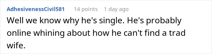 Text comment about a single person possibly complaining online about finding a traditional wife. Text comment about a single person possibly complaining online about finding a traditional wife.