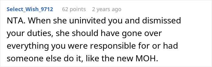 Reddit comment about handling wedding duties after bridesmaid uninvited. Reddit comment about handling wedding duties after bridesmaid uninvited.