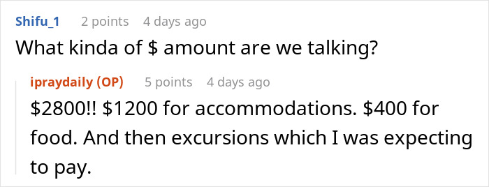 Discussion about a vacation bill including $2800 total; $1200 for accommodations, $400 for food, plus excursions. Discussion about a vacation bill including $2800 total; $1200 for accommodations, $400 for food, plus excursions.