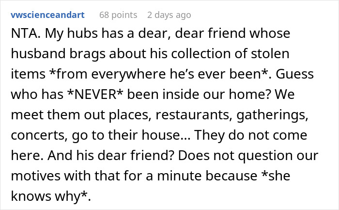 Comment discussing refusal to allow kleptomaniac into home, addressing accusations of being mean and ableist. Comment discussing refusal to allow kleptomaniac into home, addressing accusations of being mean and ableist.