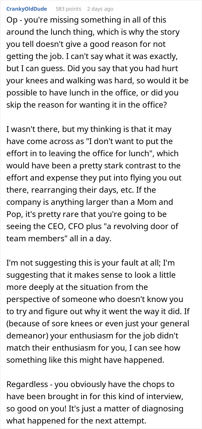 Text response discussing potential job rejection over lunch preferences in the office. Text response discussing potential job rejection over lunch preferences in the office.