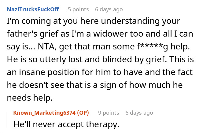 Reddit exchange discussing dad grief and refusal of therapy after losing a child. Reddit exchange discussing dad grief and refusal of therapy after losing a child.