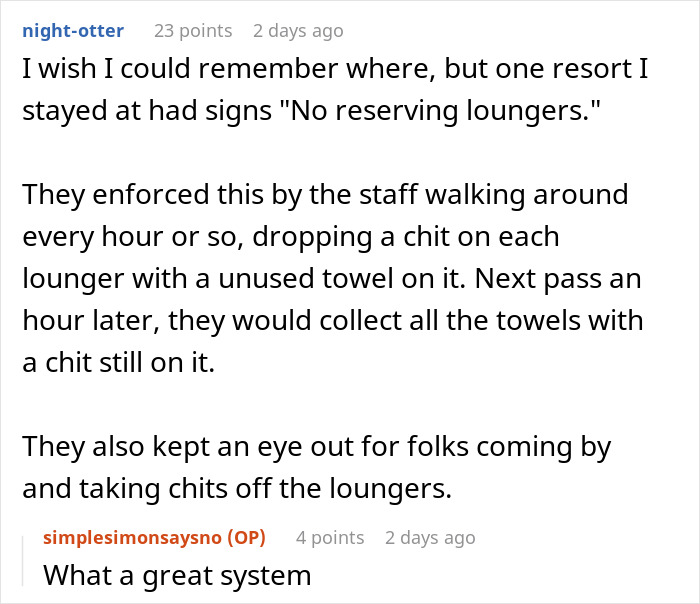 Text exchange about a resort's "No reserving loungers" sign and policy, considered a great system for handling selfish behavior. Text exchange about a resort's "No reserving loungers" sign and policy, considered a great system for handling selfish behavior.