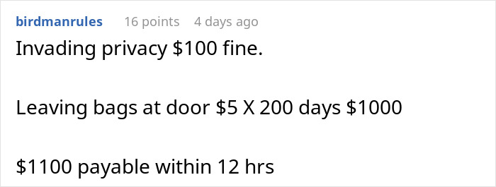Roommate fines list: $100 for privacy invasion, $1000 for bags at door; total $1100 due in 12 hours. Roommate fines list: $100 for privacy invasion, $1000 for bags at door; total $1100 due in 12 hours.