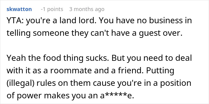 Comment discussing landlord and roommate food issues. Comment discussing landlord and roommate food issues.