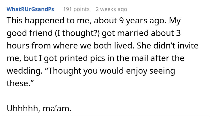 Text exchange about expecting to be a bridesmaid but not invited to the wedding, leading to unexpected photos. Text exchange about expecting to be a bridesmaid but not invited to the wedding, leading to unexpected photos.