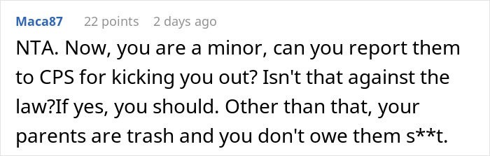 Reddit comment discussing refusal to help parents after being told not living with them anymore. Reddit comment discussing refusal to help parents after being told not living with them anymore.