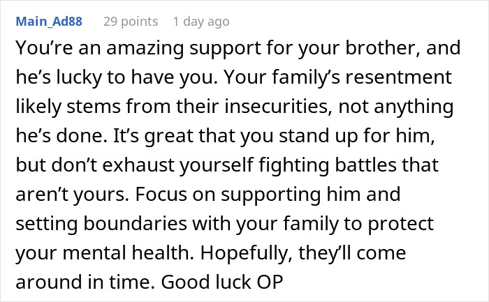 Comment discussing family resentment over brother dating someone wealthier. Comment discussing family resentment over brother dating someone wealthier.