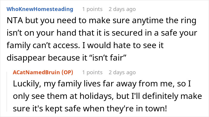 Reddit comments discussing keeping a family's heirloom ring secure from others. Reddit comments discussing keeping a family's heirloom ring secure from others.