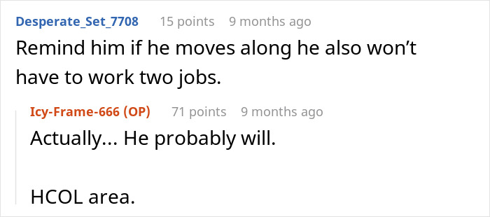Reddit comment thread discussing moving to an HCOL area related to divorce or custody issues. Reddit comment thread discussing moving to an HCOL area related to divorce or custody issues.