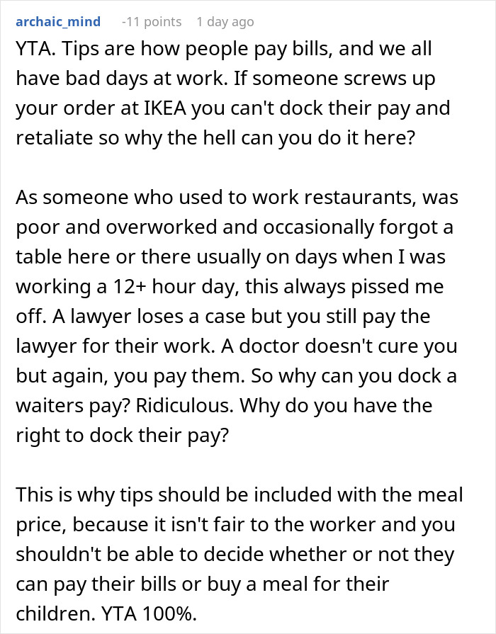 Comment discussing tipping and payment fairness in the workplace. Comment discussing tipping and payment fairness in the workplace.