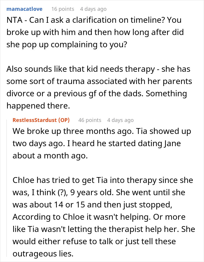 Reddit comments discussing relationship timeline and teen's need for therapy, mentioning dad's ex and new girlfriend. Reddit comments discussing relationship timeline and teen's need for therapy, mentioning dad's ex and new girlfriend.