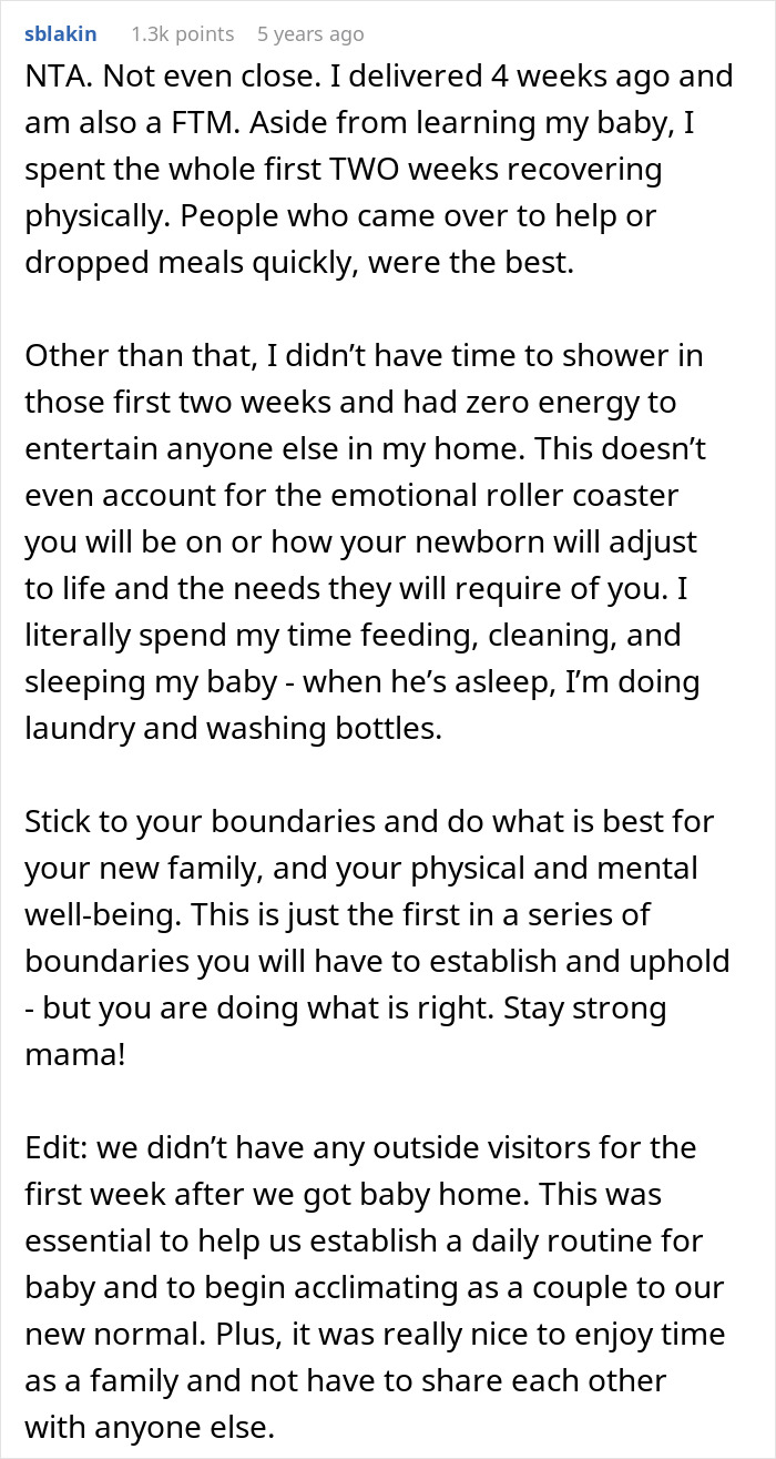 Reddit comment about setting boundaries and dealing with new motherhood stress and mom guilt. Reddit comment about setting boundaries and dealing with new motherhood stress and mom guilt.
