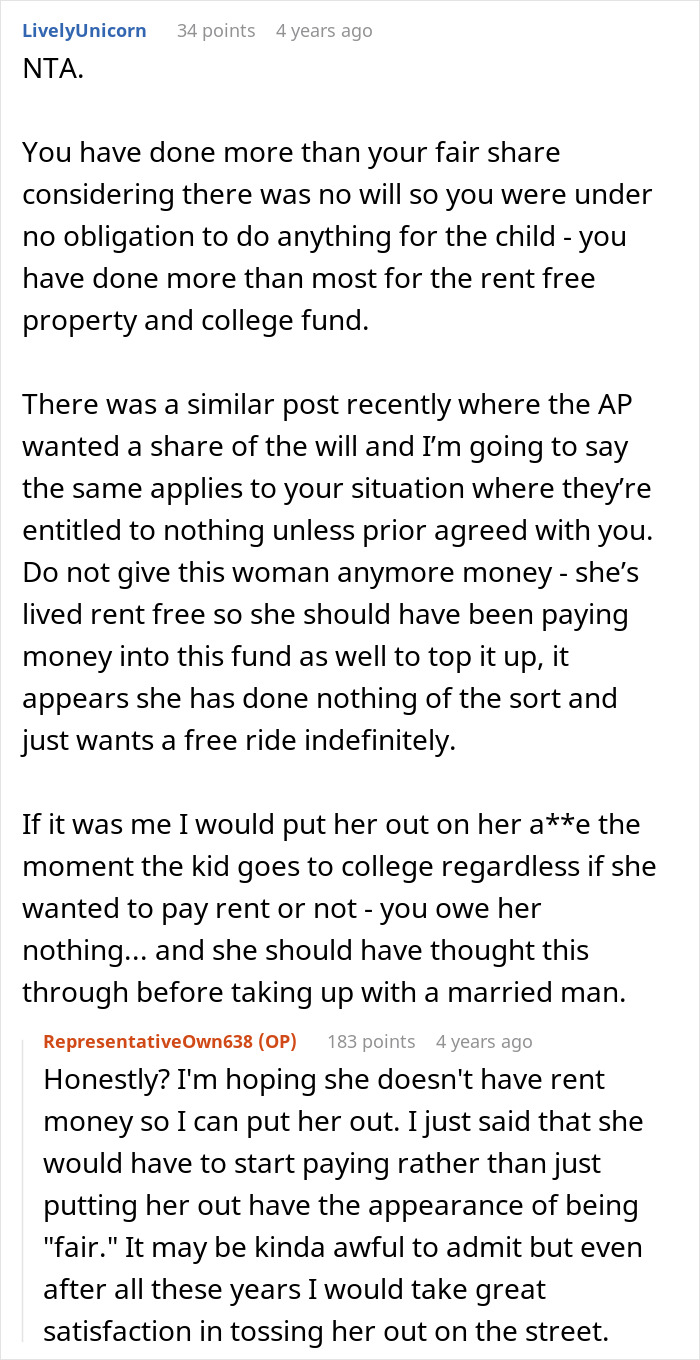 Reddit discussion about a woman refusing to support her husband's affair child's fund, deemed not responsible. Reddit discussion about a woman refusing to support her husband's affair child's fund, deemed not responsible.
