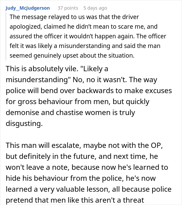 Screenshot of a comment discussing an Amazon driver's note and police response. Screenshot of a comment discussing an Amazon driver's note and police response.
