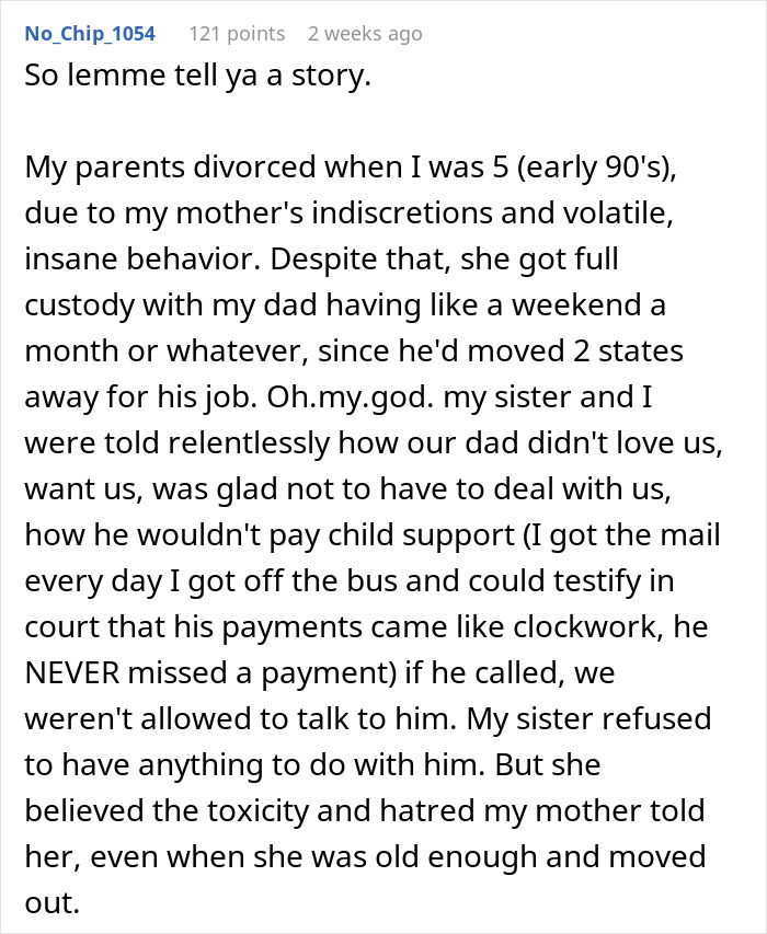 Screenshot of a Reddit post discussing family dynamics and parental responsibilities. Screenshot of a Reddit post discussing family dynamics and parental responsibilities.