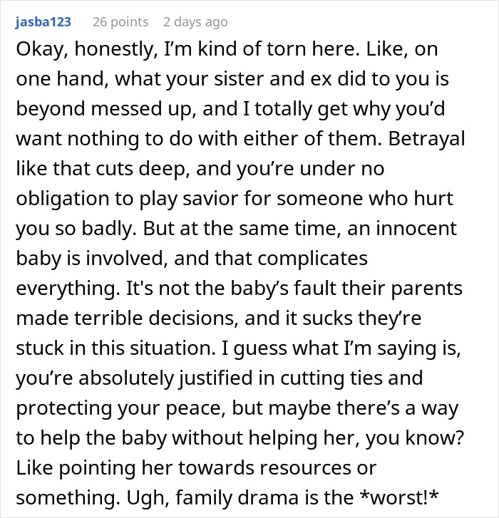 Reddit comment discussing a complex family situation involving betrayal and decisions on helping a child. Reddit comment discussing a complex family situation involving betrayal and decisions on helping a child.