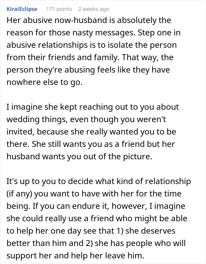 Text discussing isolation in abusive relationships, involving a woman not being invited to her best friend's wedding. Text discussing isolation in abusive relationships, involving a woman not being invited to her best friend's wedding.