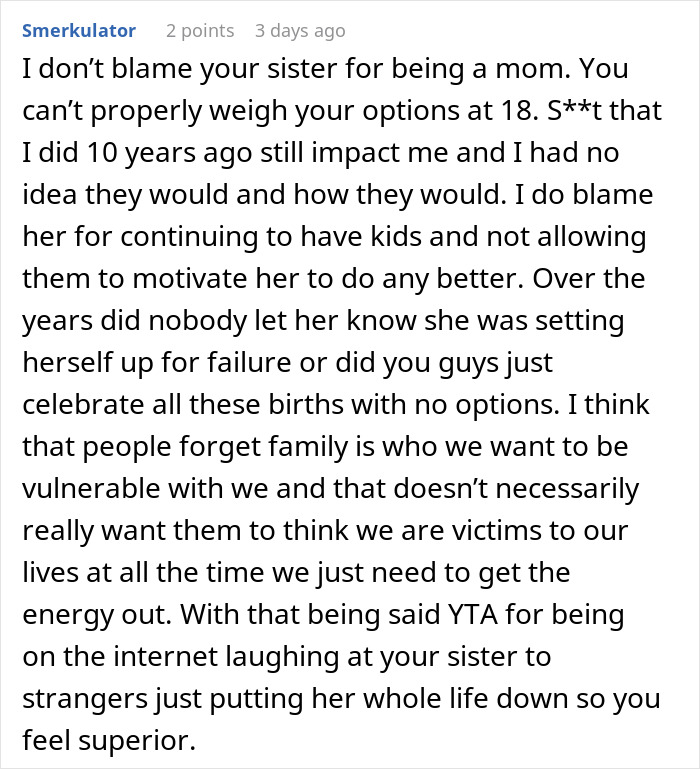 Online comment about sister's struggles as mom of five, discussing family dynamics and personal responsibility. Online comment about sister's struggles as mom of five, discussing family dynamics and personal responsibility.
