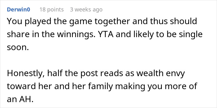 Reddit comment criticizing a decision not to split raffle winnings, calling out wealth envy. Reddit comment criticizing a decision not to split raffle winnings, calling out wealth envy.