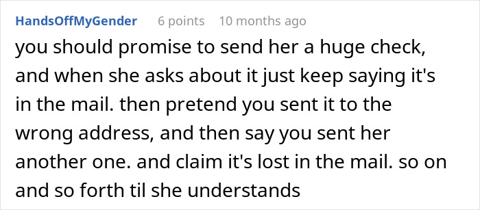 Text comment discussing an uninvited friend refusing to pay for a wedding. Text comment discussing an uninvited friend refusing to pay for a wedding.