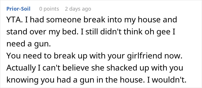 Reddit comment discussing a home intrusion and gun defense decision. Reddit comment discussing a home intrusion and gun defense decision.