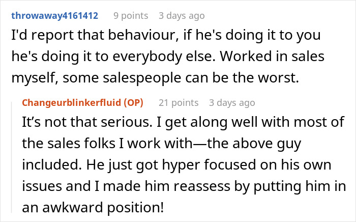 Reddit conversation about a guy embarrassing an entitled coworker by discussing workplace dynamics. Reddit conversation about a guy embarrassing an entitled coworker by discussing workplace dynamics.