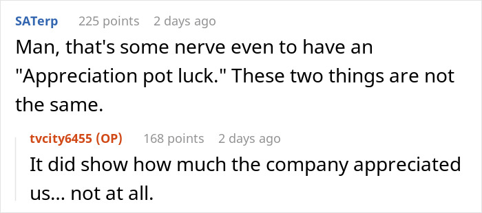 Text conversation about a company appreciation potluck and employee disappointment. Text conversation about a company appreciation potluck and employee disappointment.