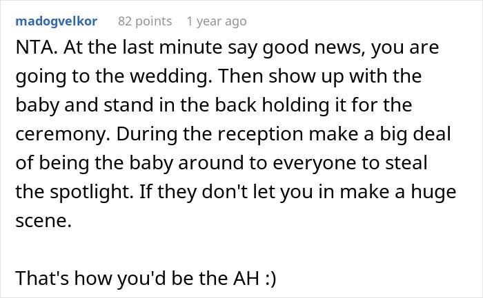 Reddit comment discussing family pressures on a woman regarding a wedding and child care decisions. Reddit comment discussing family pressures on a woman regarding a wedding and child care decisions.