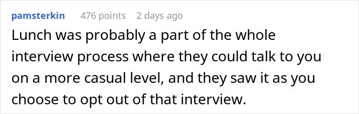 Reddit comment discussing interview lunch preference and opting out. Reddit comment discussing interview lunch preference and opting out.