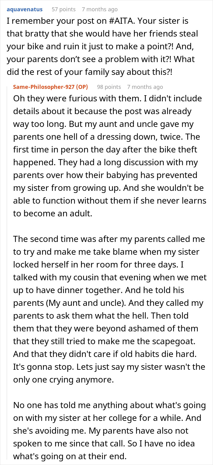 Reddit comments discussing a woman’s actions over stealing and dumping her brother's bike. Reddit comments discussing a woman’s actions over stealing and dumping her brother's bike.