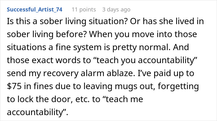 Text about fines for breaking house rules and accountability, questioning a sober living situation. Text about fines for breaking house rules and accountability, questioning a sober living situation.