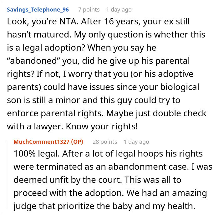 Comments discussing a legal adoption and parental rights after a teen's abandonment. Comments discussing a legal adoption and parental rights after a teen's abandonment.