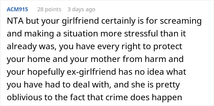 Comment supporting decision to defend against intruders, addressing relationship stress. Comment supporting decision to defend against intruders, addressing relationship stress.